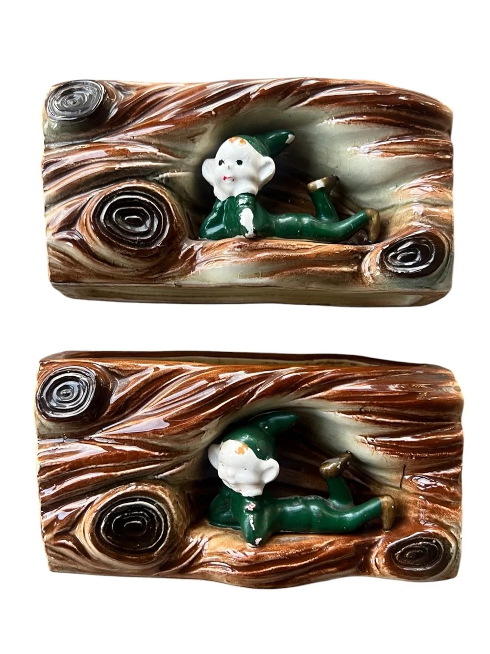 Vintage MCM Ceramic Elf Pixie Log Planters Pair Faux Bois Woodland Kitsch